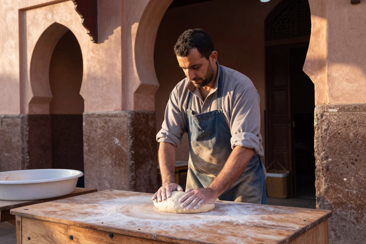 Marrakech Souk Artisan Baker Kneading Dough in Traditional Apron at Dawn in in Marrakech, Morocco