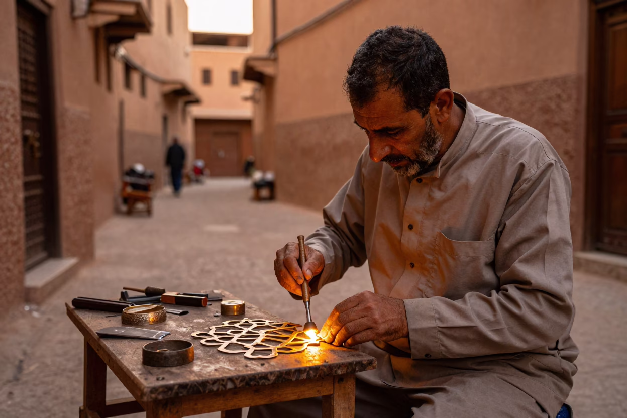 Marrakech Souk Artisan Crafting Metalwork in Honeyed Evening Light in in Marrakech, Morocco