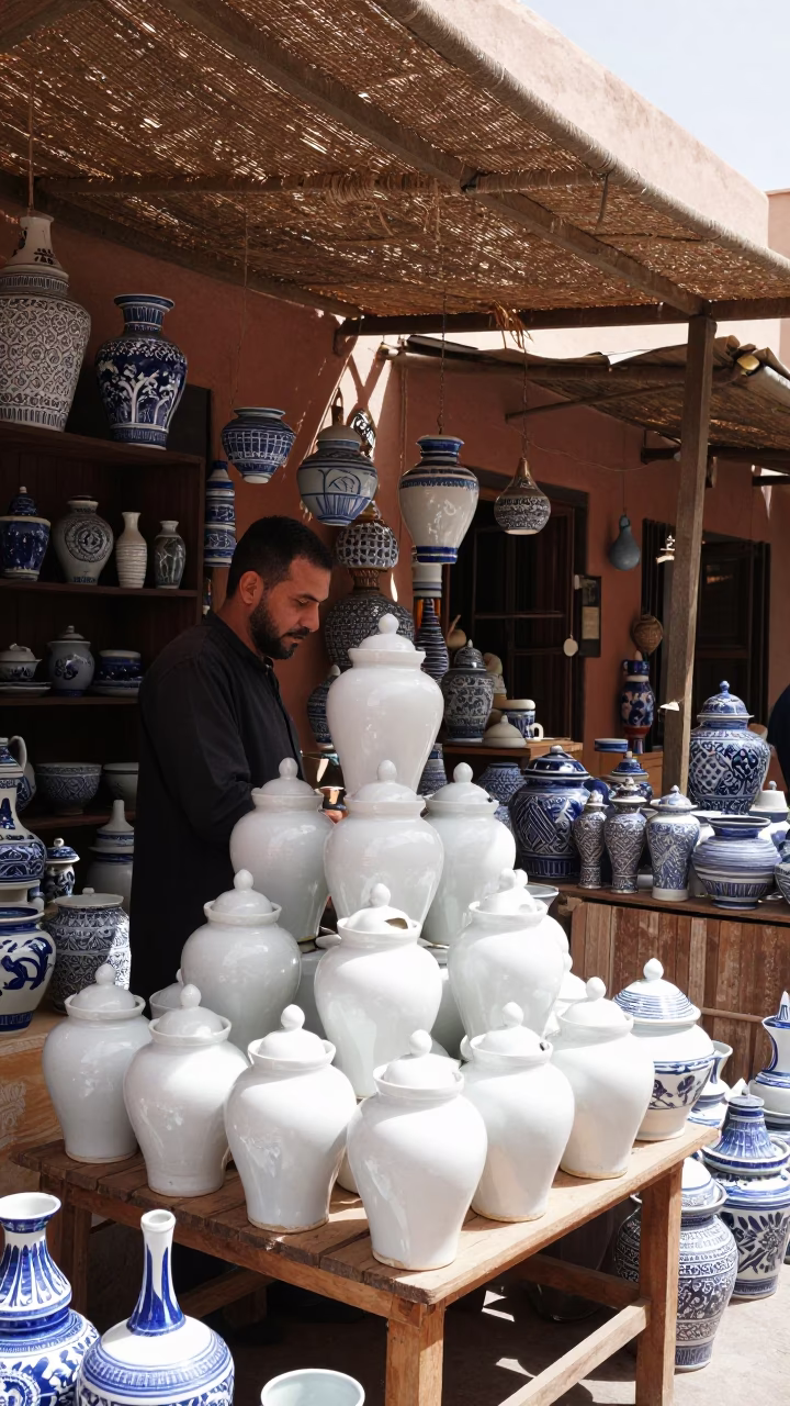 Marrakech Souk Artisan Displaying Blue White Porcelain Jars in Early Afternoon Sunlight in in Marrakech, Morocco