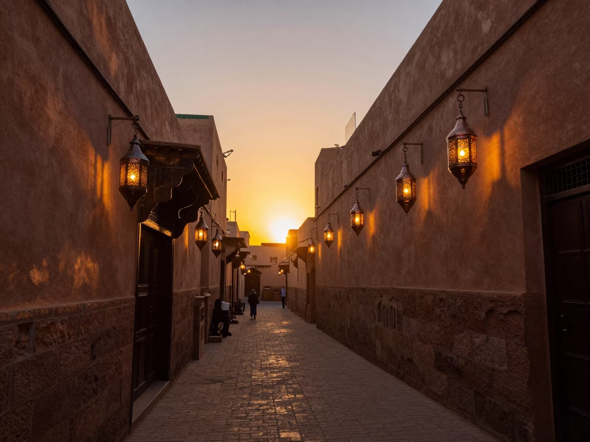 Marrakech Souk Evening Light and Traditional Copper Lanterns in Medina Market in in Marrakech, Morocco