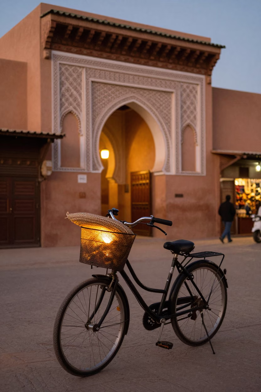Marrakech Souk Evening Light Bicycle Basket with Local Goods and Traditional Architecture in in Marrakech, Morocco