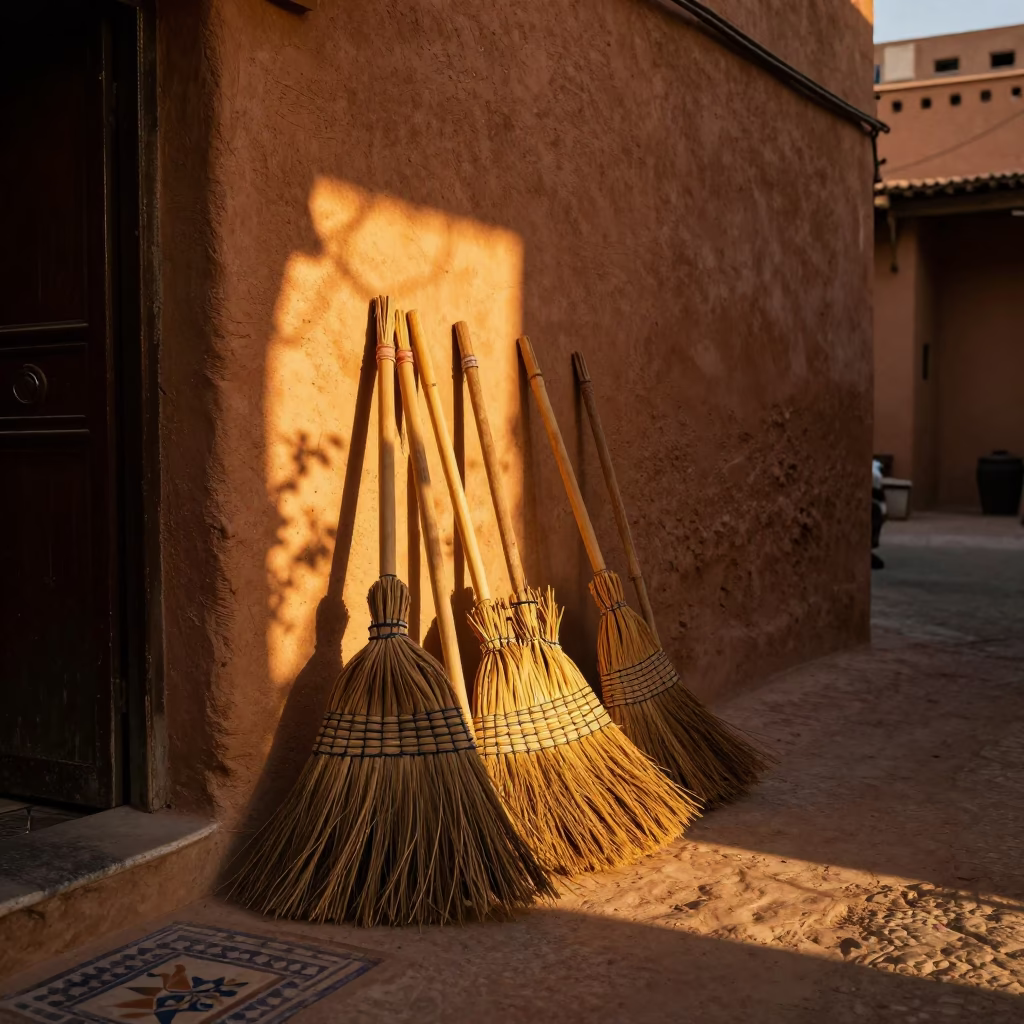 Marrakech Souk Evening Light Wicker Shadows and Traditional Brooms in Historic Morocco in in Marrakech, Morocco