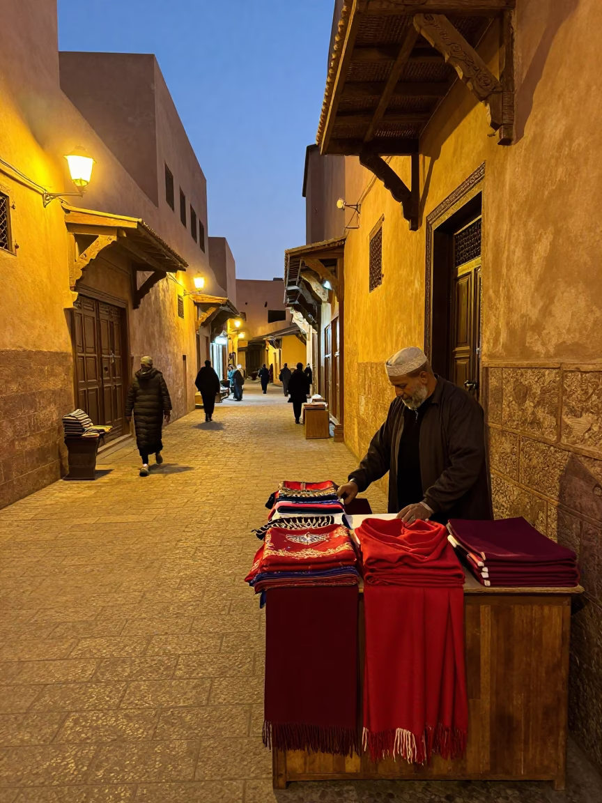 Marrakech Souk Evening Street Scene with Scarf Vendor and Ceramic Pitcher at Dusk in in Marrakech, Morocco