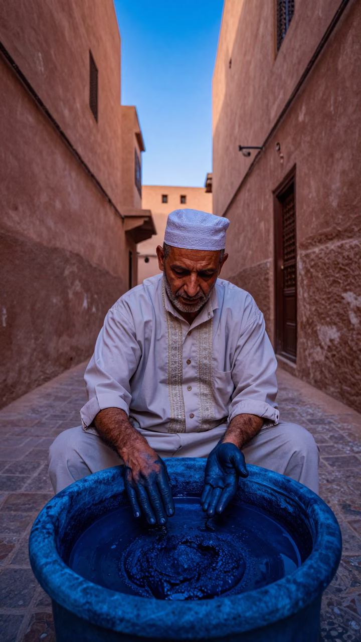Marrakech Souk Indigo Twilight Textile Dyer Stained Hands Traditional Craft in in Marrakech, Morocco