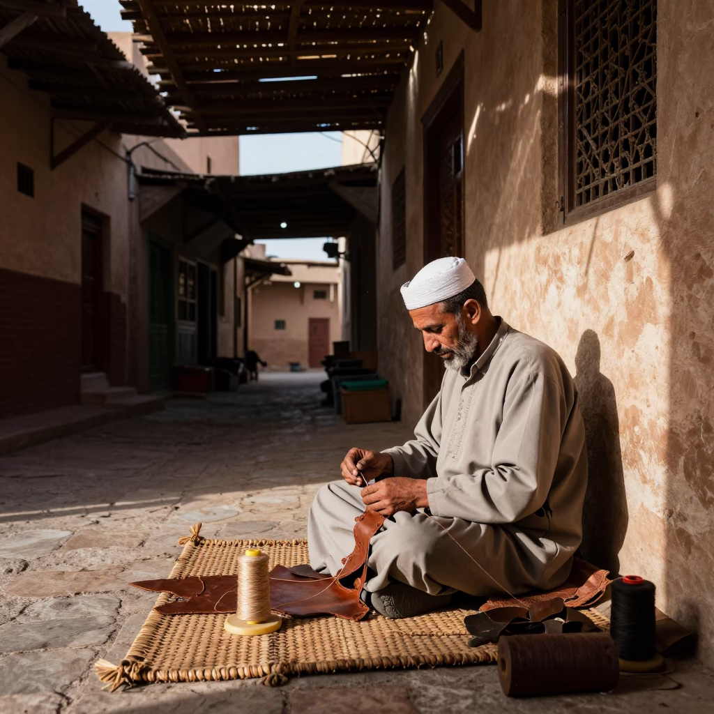 Marrakech Souk Leatherworker Using Spool of Thread in Late Afternoon Light in in Marrakech, Morocco