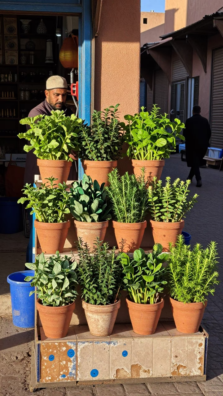 Marrakech Souk Market Stall Displaying Potted Herbs and Paint Flecks on Tile Grout in in Marrakech, Morocco