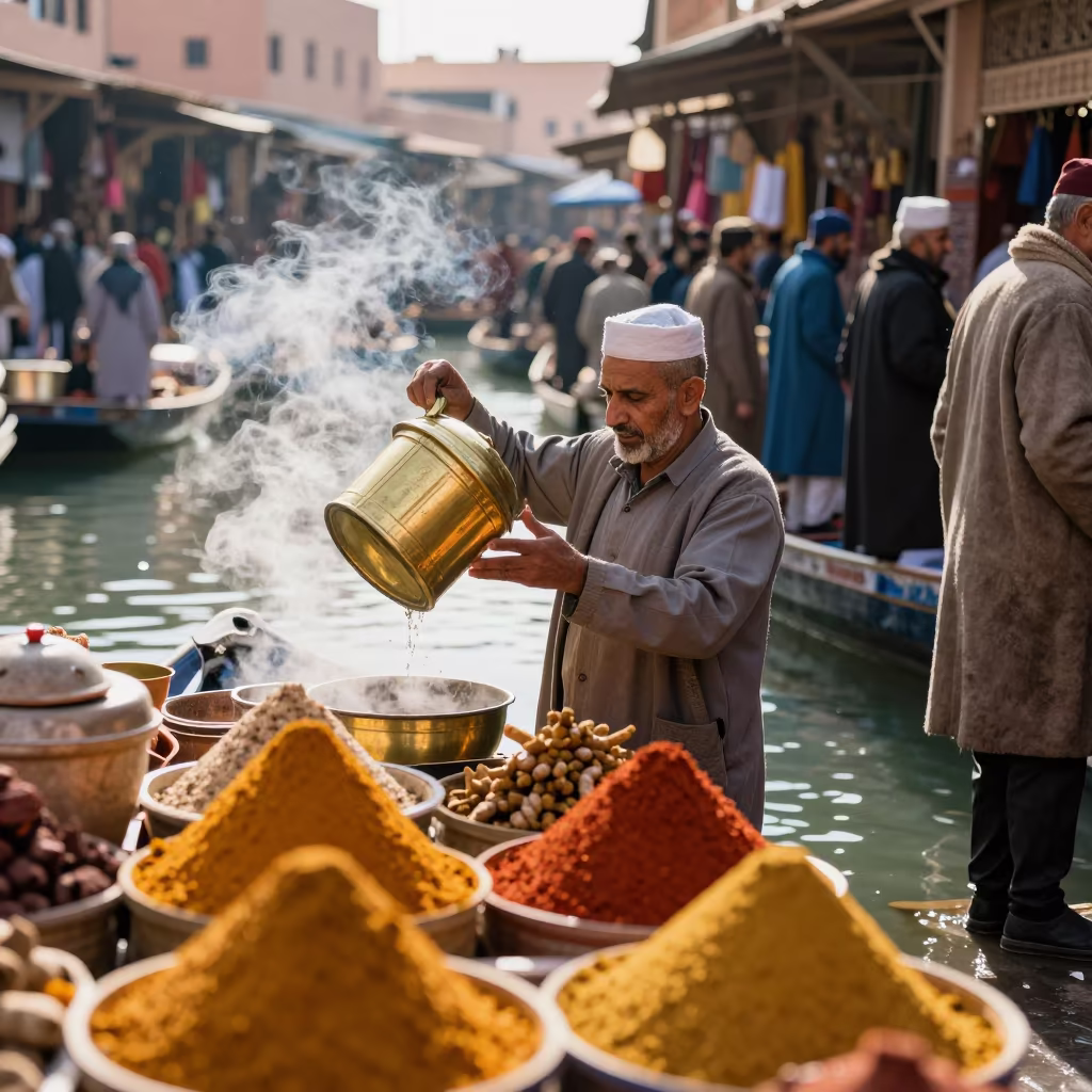 Marrakech Souk Merchant Opens Brass Spice Tin in at a floating market boat in Gueliz, Marrakech