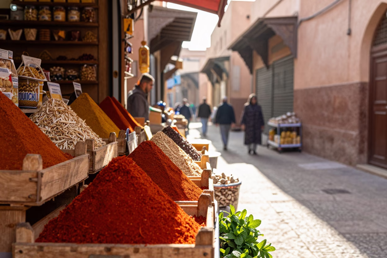 Marrakech Souk Morning Light Vanilla Beans and Mint Leaves in Traditional Moroccan Market Stall in in Marrakech, Morocco