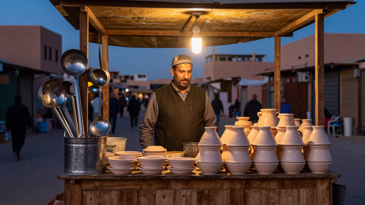 Marrakech Souk Stall at Blue Hour with Metal Ladle and Ceramic Canisters in in Marrakech, Morocco