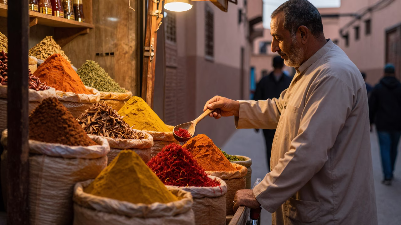 Marrakech Souk Stall at Honeyed Evening Light in in Marrakech, Morocco