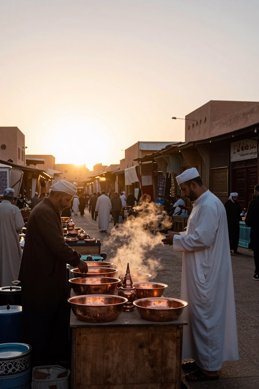 Marrakech Souk Stall at Sunset Light in in Marrakech, Morocco