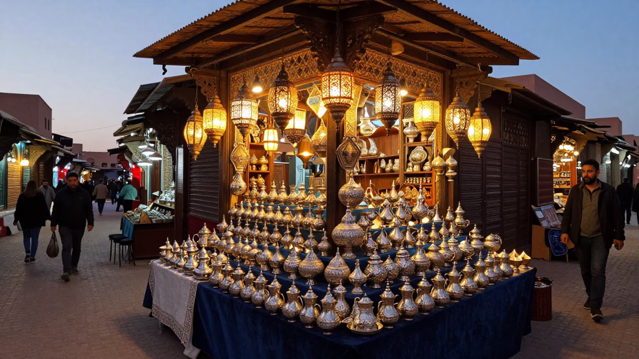 Marrakech Souk Stall at The Early Evening Light in in Marrakech, Morocco