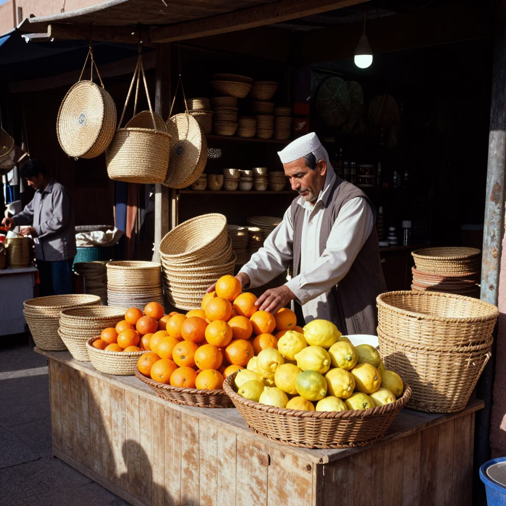 Marrakech Souk Stall Vendor Displaying Woven Baskets and Fresh Fruit in Late Morning Light in in Marrakech, Morocco