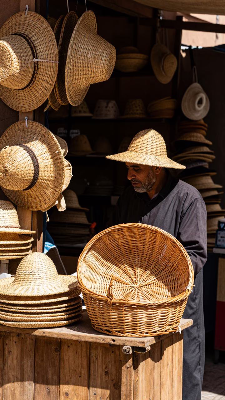 Marrakech Souk Stall Vendor Wicker Basket Sun Hat Noon Light in in Marrakech, Morocco