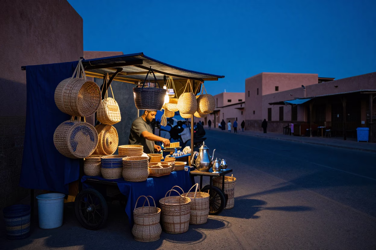 Marrakech Souk Stall with Woven Baskets in Indigo Twilight Morocco in in Marrakech, Morocco
