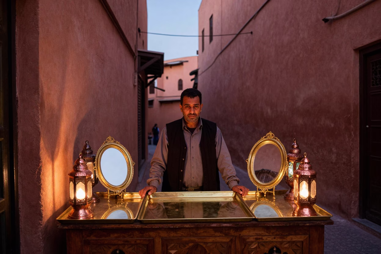 Marrakech Souk Stallkeeper Polished Brass Tray Copper Light Before Dusk in in Marrakech, Morocco