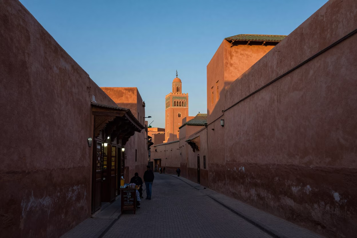 Marrakech Souk Street at Sunrise Light in in Marrakech, Morocco