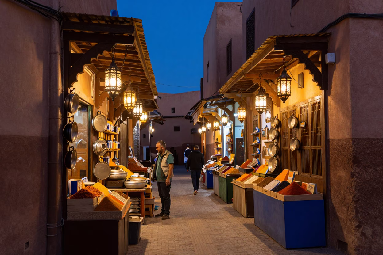 Marrakech Souk Street Scene at Blue Hour with Saucepan and Spice Stalls in in Marrakech, Morocco