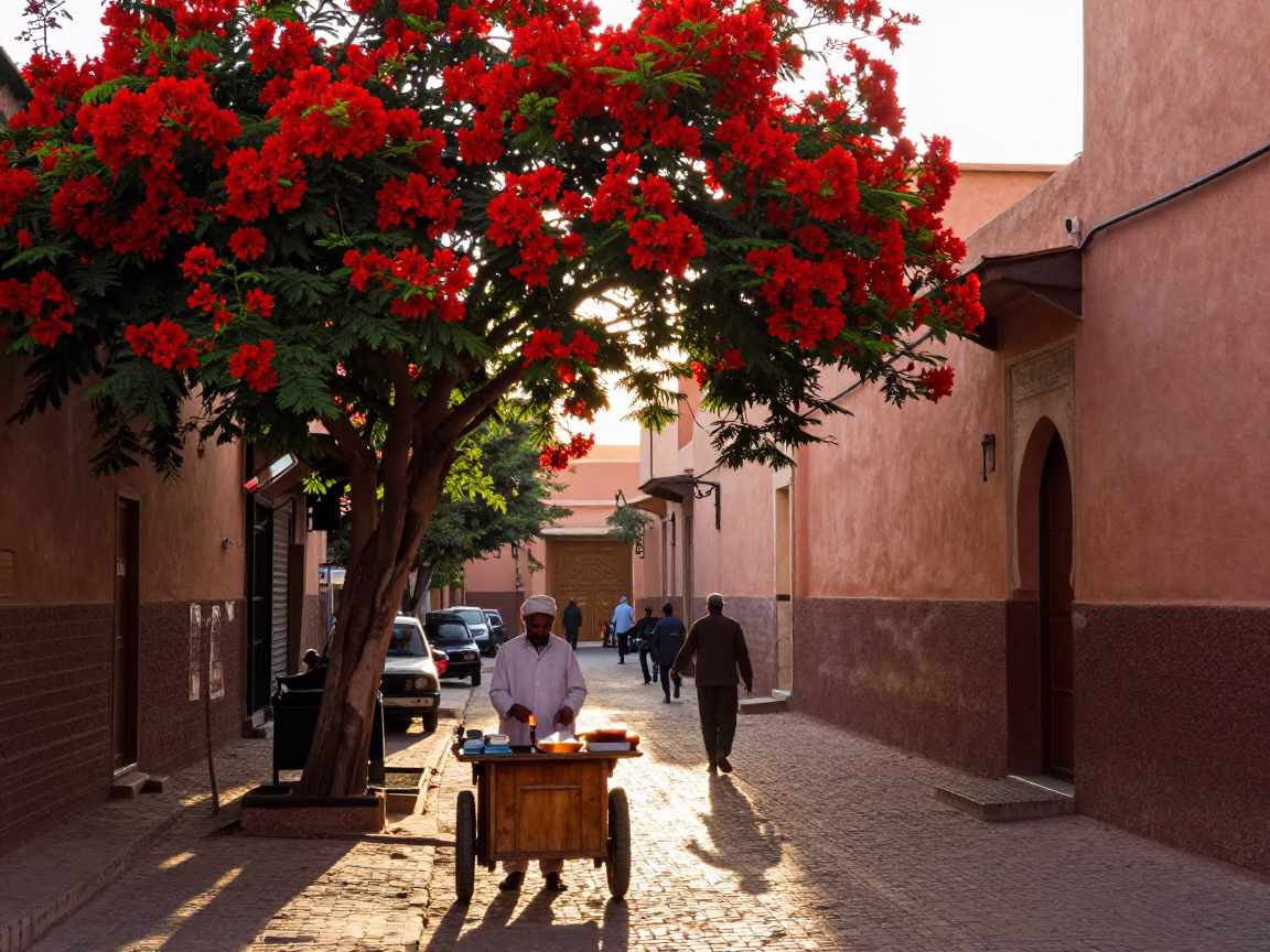 Marrakech Souk Street Scene Late Afternoon with Red Flame Tree and Clay Tea Cup in in Marrakech, Morocco