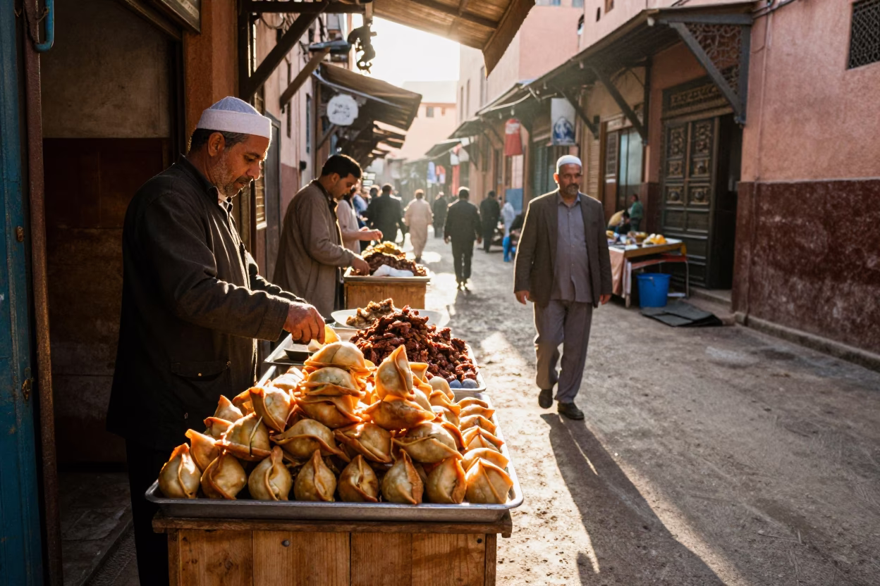 Marrakech Souk Street Scene Late Morning with Spiced Meat Sambusa Tray in in Marrakech, Morocco