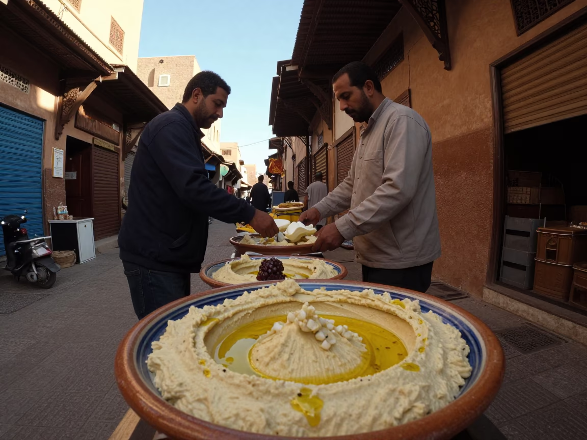 Marrakech Souk Street Scene with Hummus Dish and Peg Basket in Late Afternoon Light in in Marrakech, Morocco