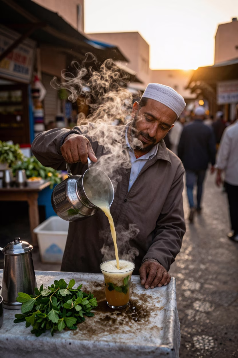 Marrakech Souk Tea Vendor Pouring Mint Tea in Late Afternoon Light in in Marrakech, Morocco