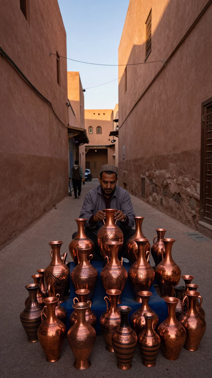 Marrakech Souk Vendor Displaying Ceramic Vases in Copper Dusk Light in in Marrakech, Morocco
