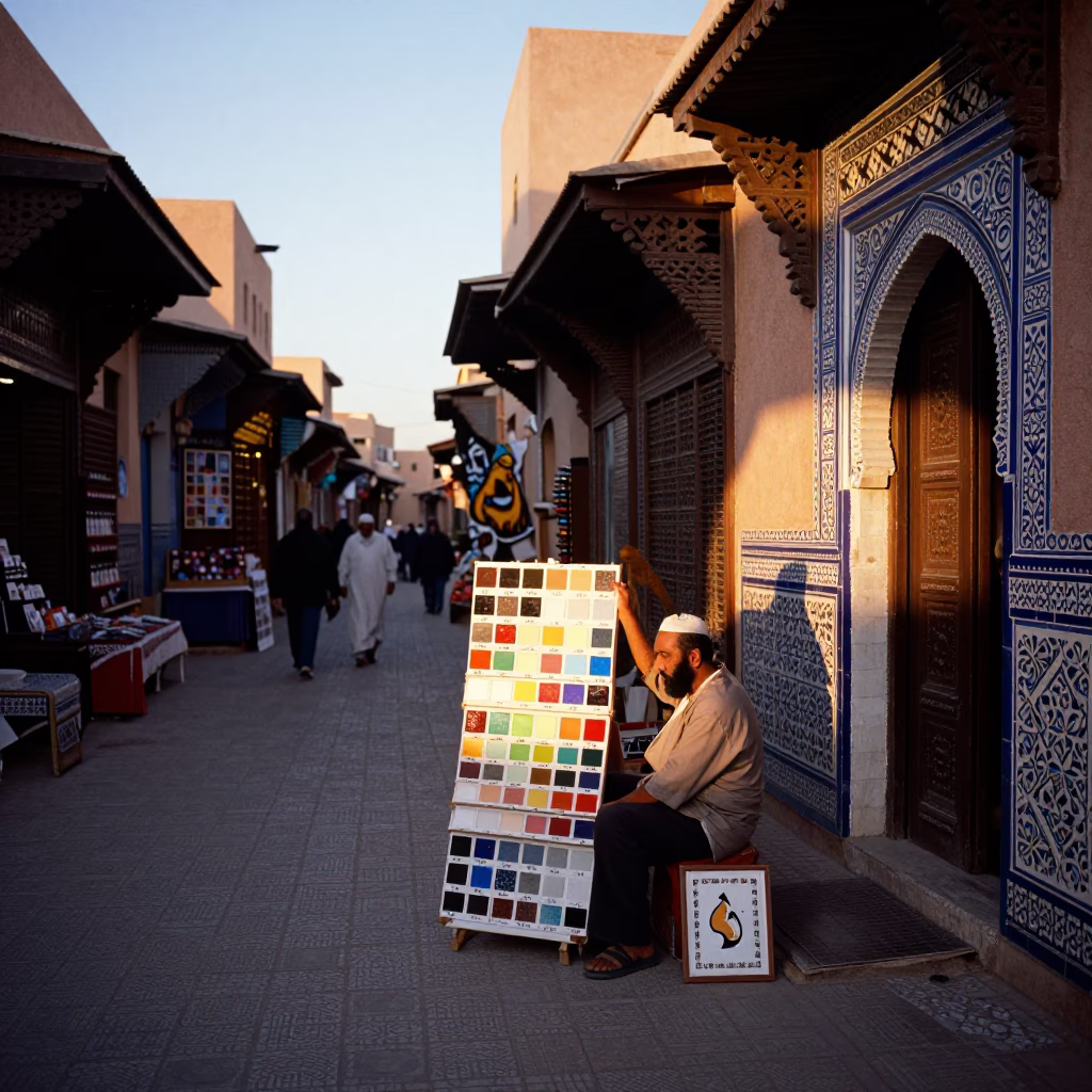 Marrakech Souk Vendor Displaying Mural Paint Samples at Sunset in in Marrakech, Morocco