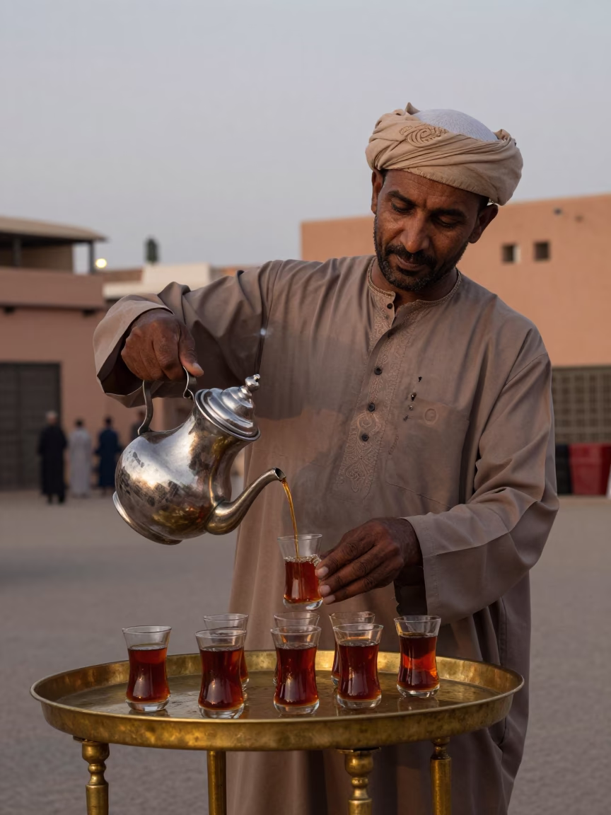 Marrakech Souk Vendor Serving Mint Tea in Copper Dusk Light in in Marrakech, Morocco