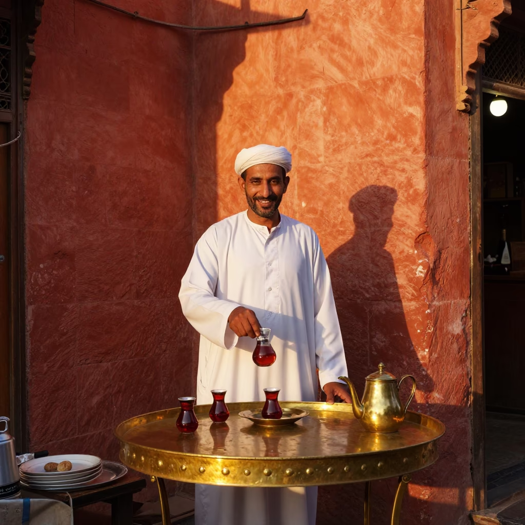 Marrakech Souk Vendor Smiling with Traditional Tea Service at Sunrise in in Marrakech, Morocco