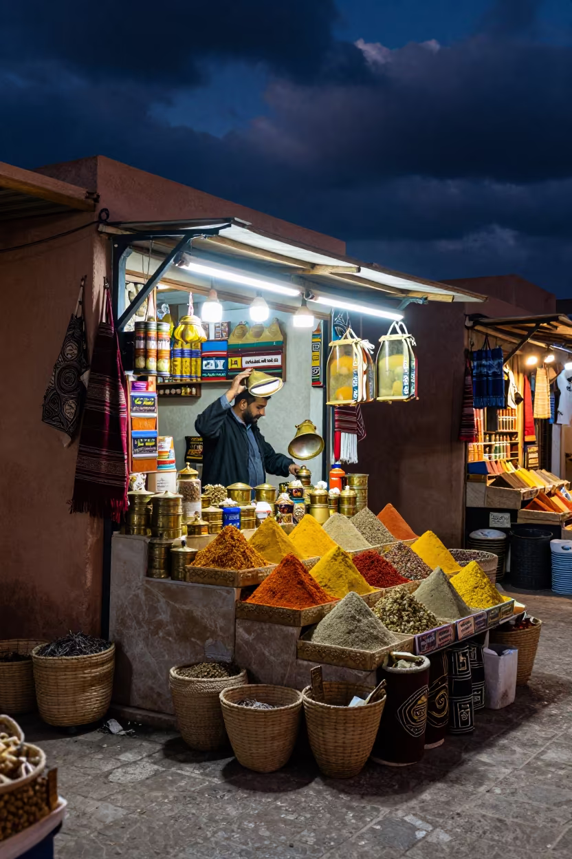 Marrakech Spice Merchant Opening Brass Tin Under Fluorescent Light in in a flea market lane in Marrakech