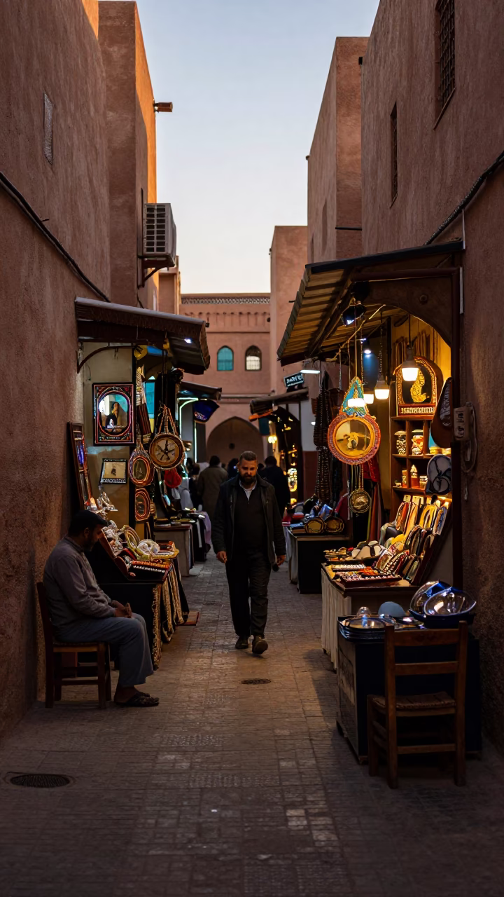 Marrakech Stained Mirror at First Light Of Dawn in in Marrakech, Morocco