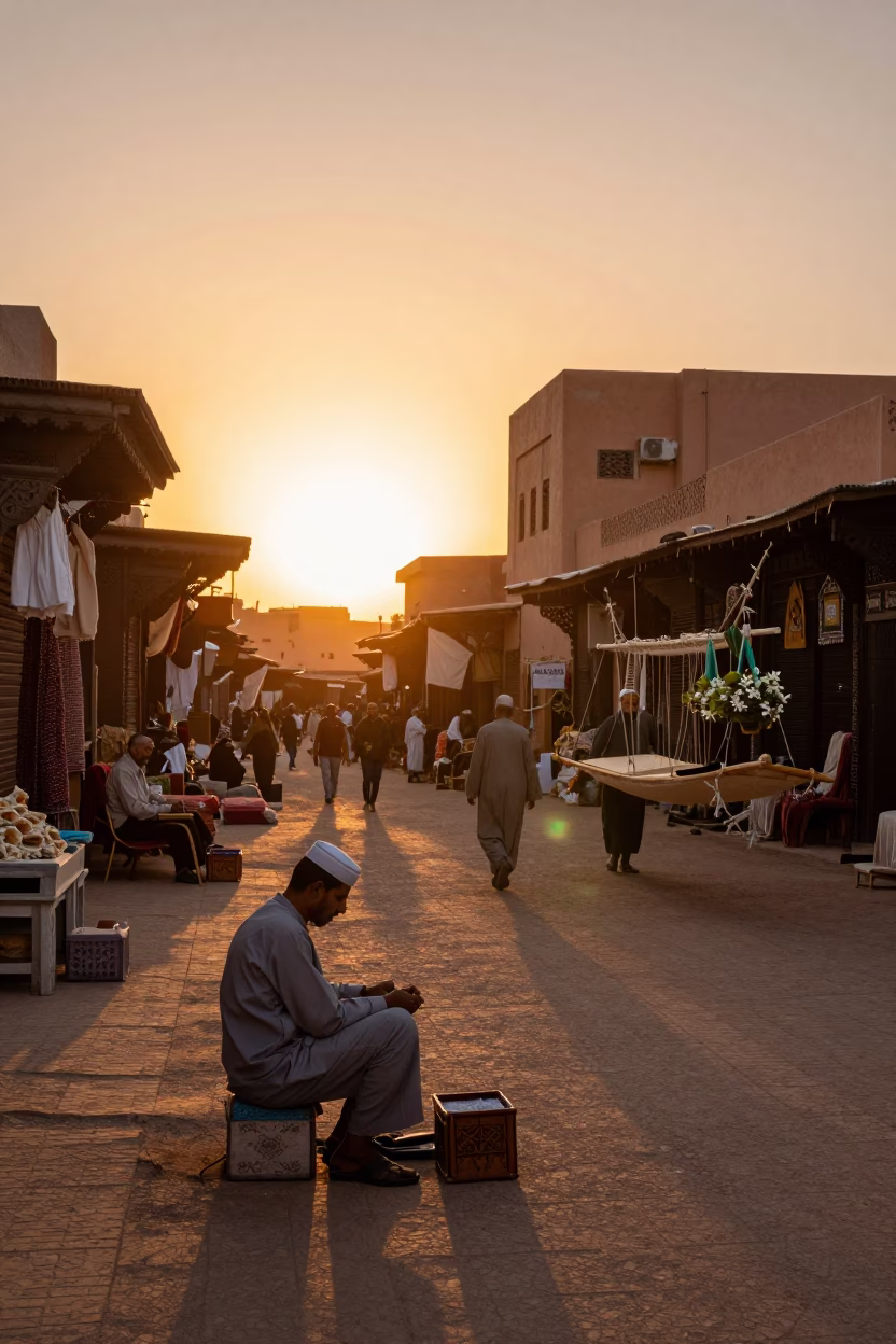 Marrakech Sunset Street Scene with Loom Shuttle and Jasmine Trellis in in Marrakech, Morocco