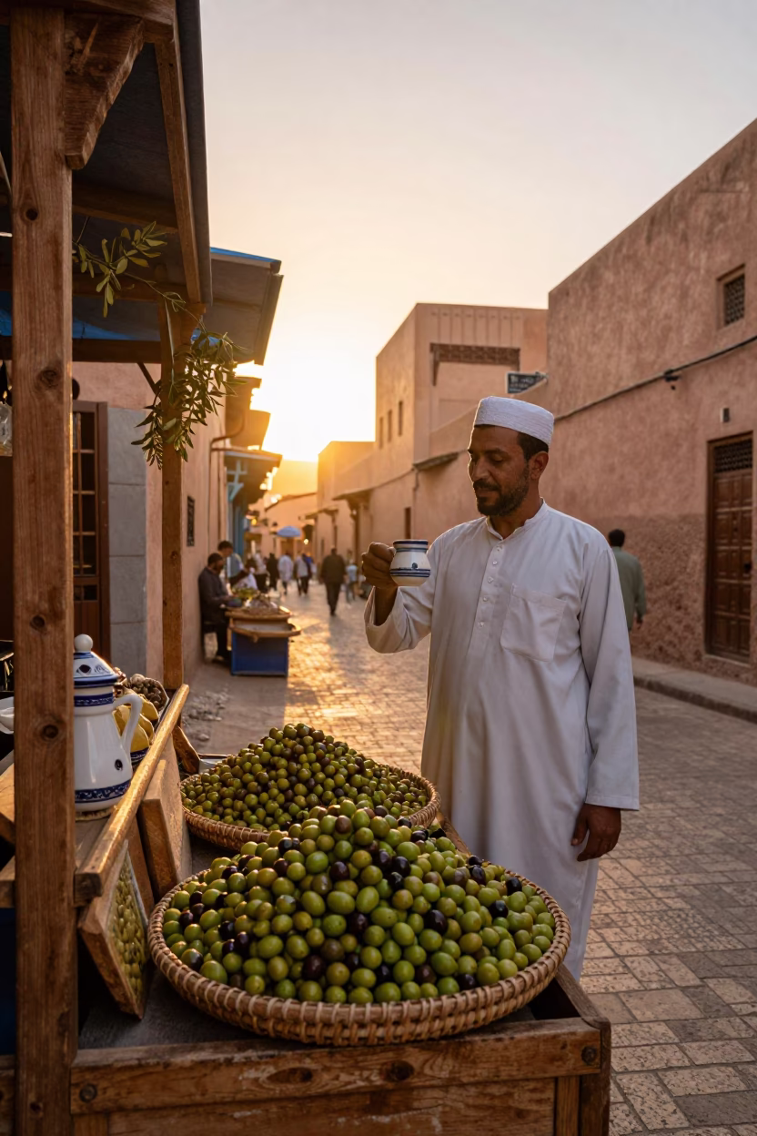 Marrakech Sunset Street Scene with Olives and Ceramic Mug in Souk in in Marrakech, Morocco