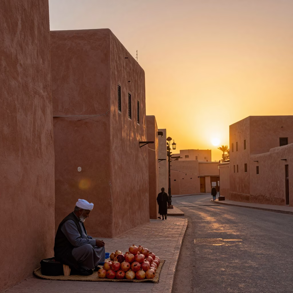 Marrakech Sunset Street Scene with Traditional Architecture and Local Life in in Marrakech, Morocco