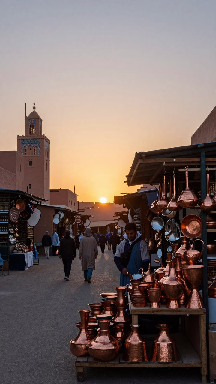 Marrakech Sunset Street Scene with Traditional Utensil Shop Display in in Marrakech, Morocco