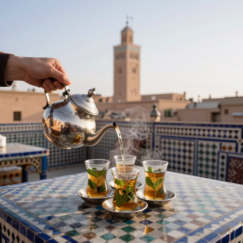 Marrakech Tea Service at Clear Late-afternoon Light in in Marrakech, Morocco