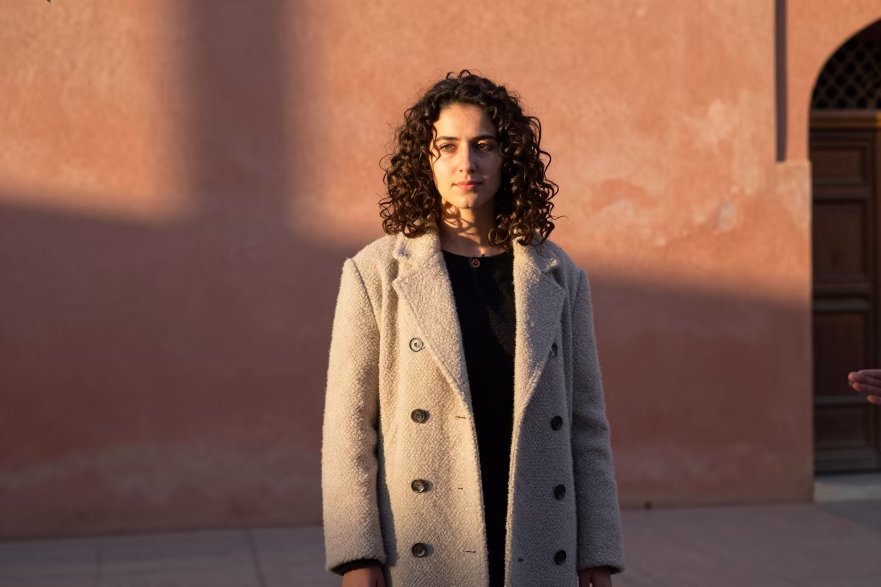 Marrakesh Courtyard Portrait of Russian Tsvetnaya Bolonka in beside a plain courtyard wall in clear daylight with the animal at eye level in Marrakesh