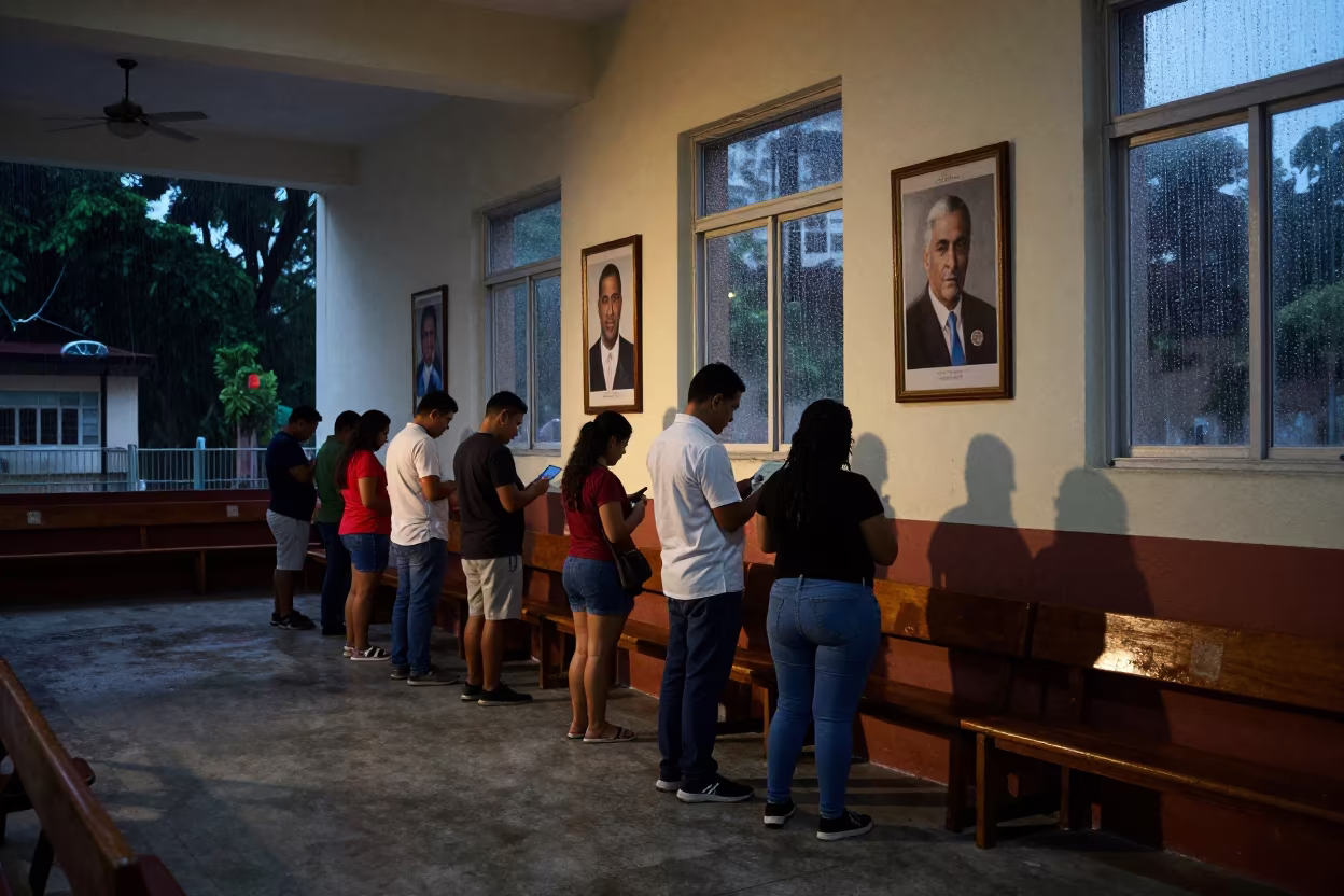 Marriage License Queue Under Portraits in Santiago Gym in inside a polling station gymnasium in Santiago de los Caballeros