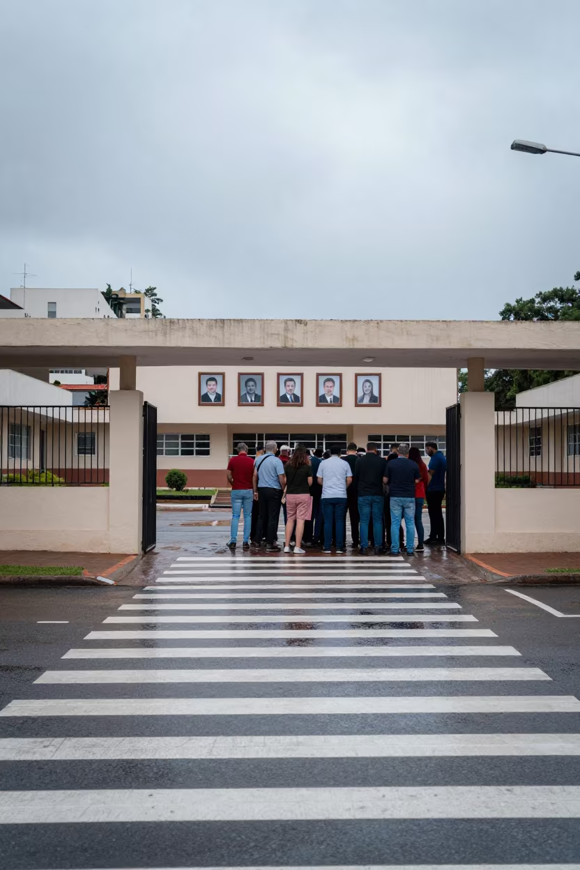 Marriage License Queue Under Portraits Campo Grande in at a crosswalk by a school gate near Campo Grande