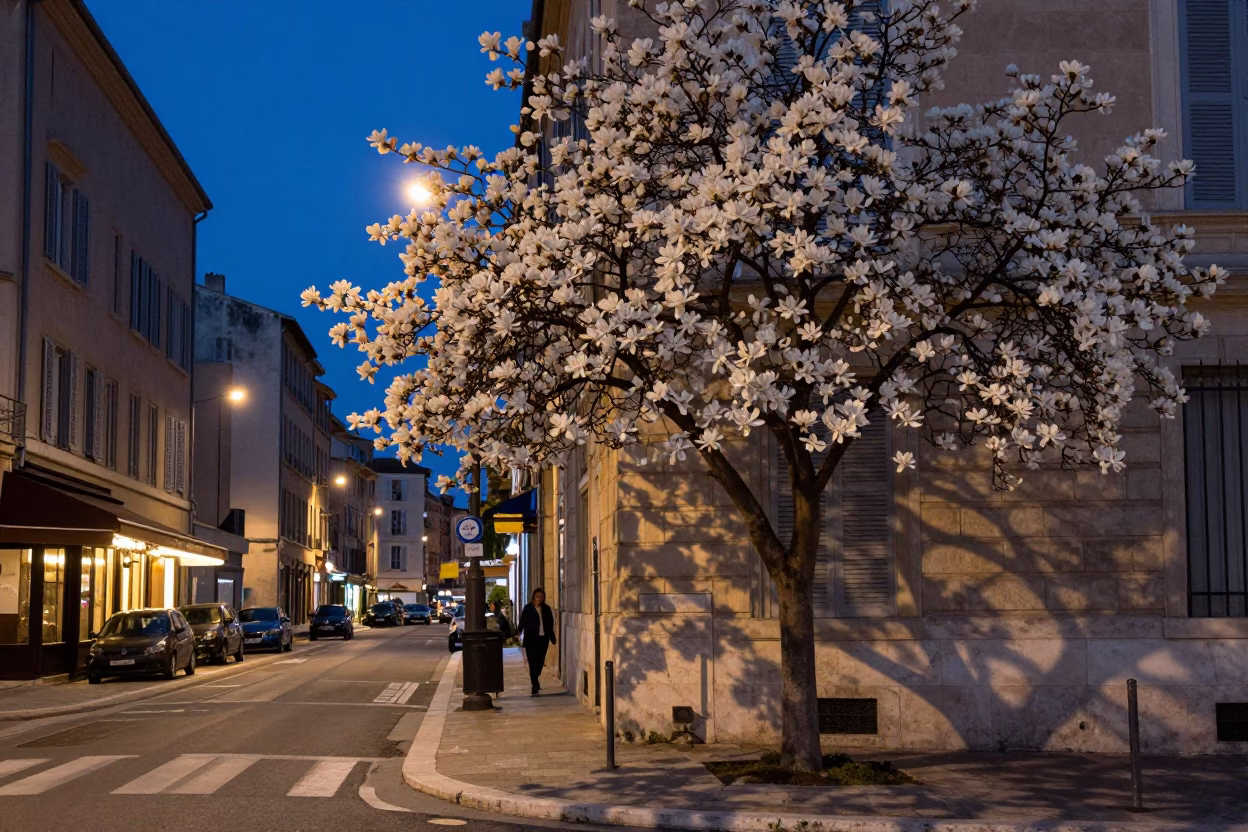 Marseille Blue Hour Street Scene with Magnolia Bloom and Urban Shadows in in Marseille, France