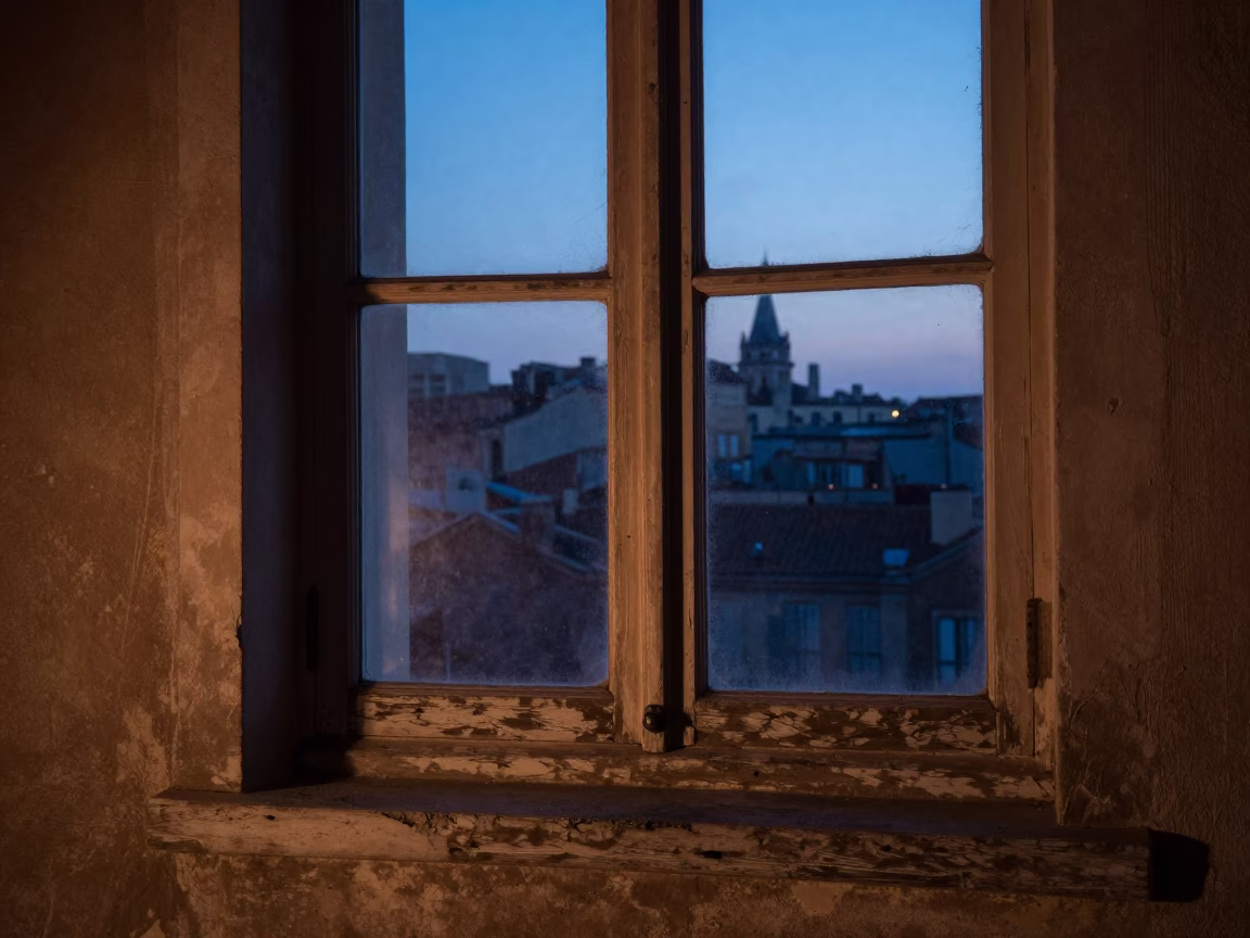 Marseille Dawn Light on Old Window Frame Before Sunrise in in Marseille, France