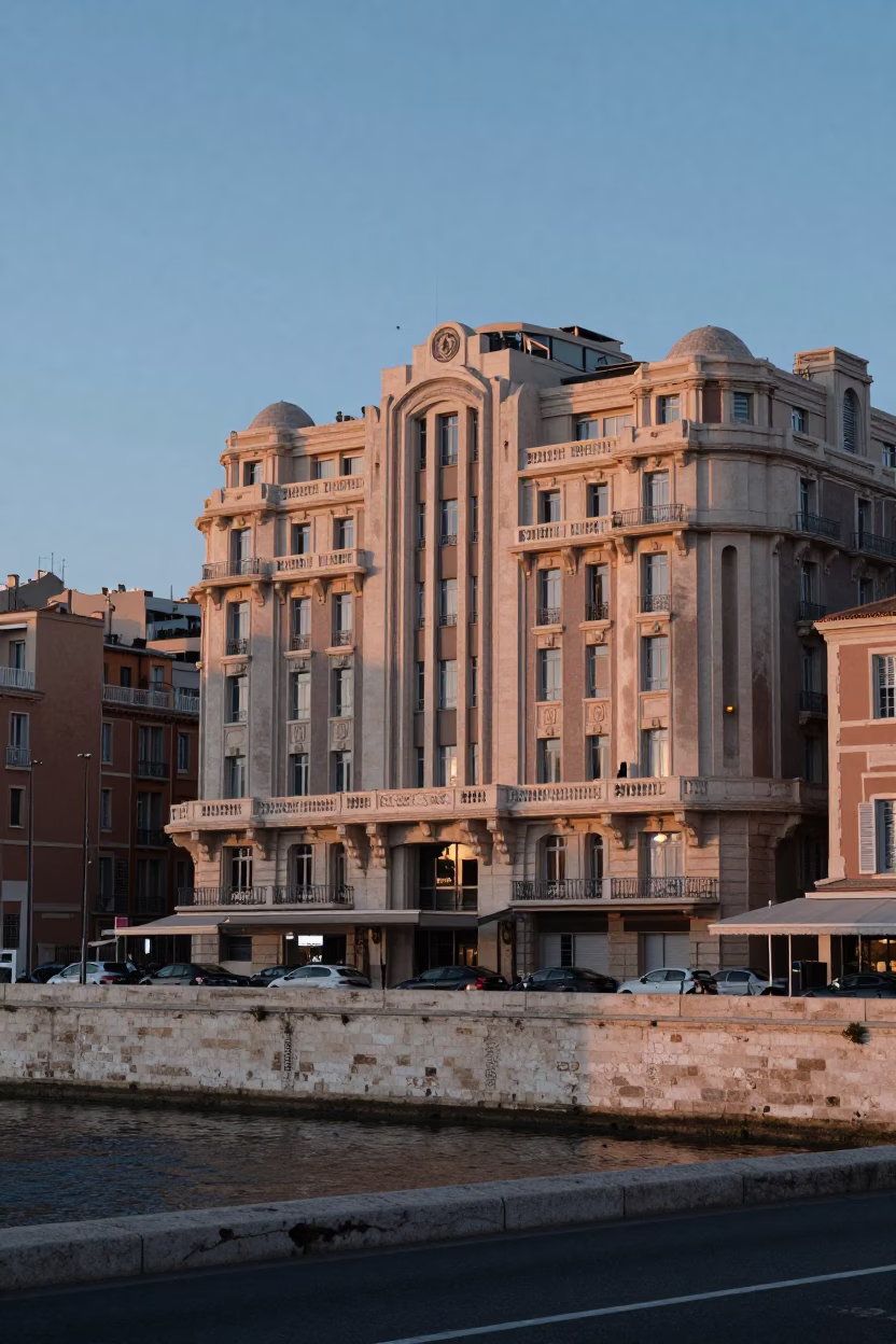 Marseille Dawn Street Scene with Art Deco Hotel Facade and Harbor Bridge in in Marseille, France