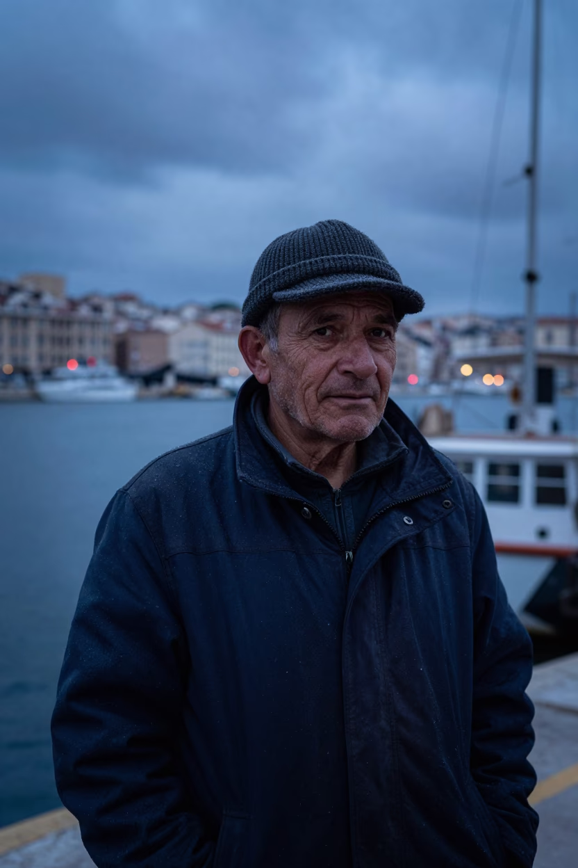 Marseille Dock Worker Portrait at Twilight in near a riverside landing in Marseille