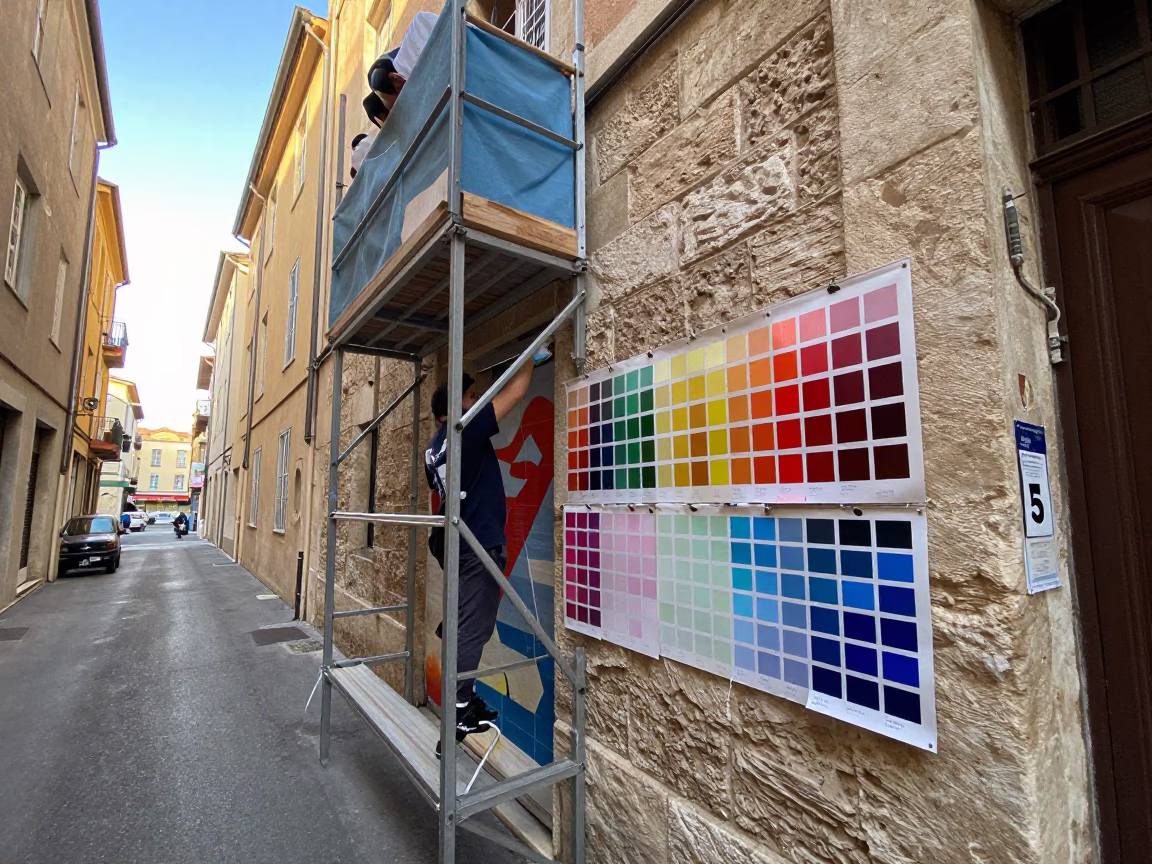 Marseille Early Morning Street Scene with Muralist Sample Swatches on Scaffold Platform in in Marseille, France