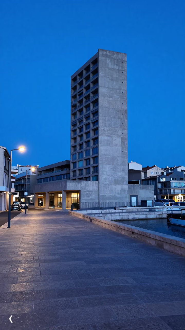 Marseille Evening Blue Hour Street Scene with Brutalist Concrete Tower and Local Life in in Marseille, France