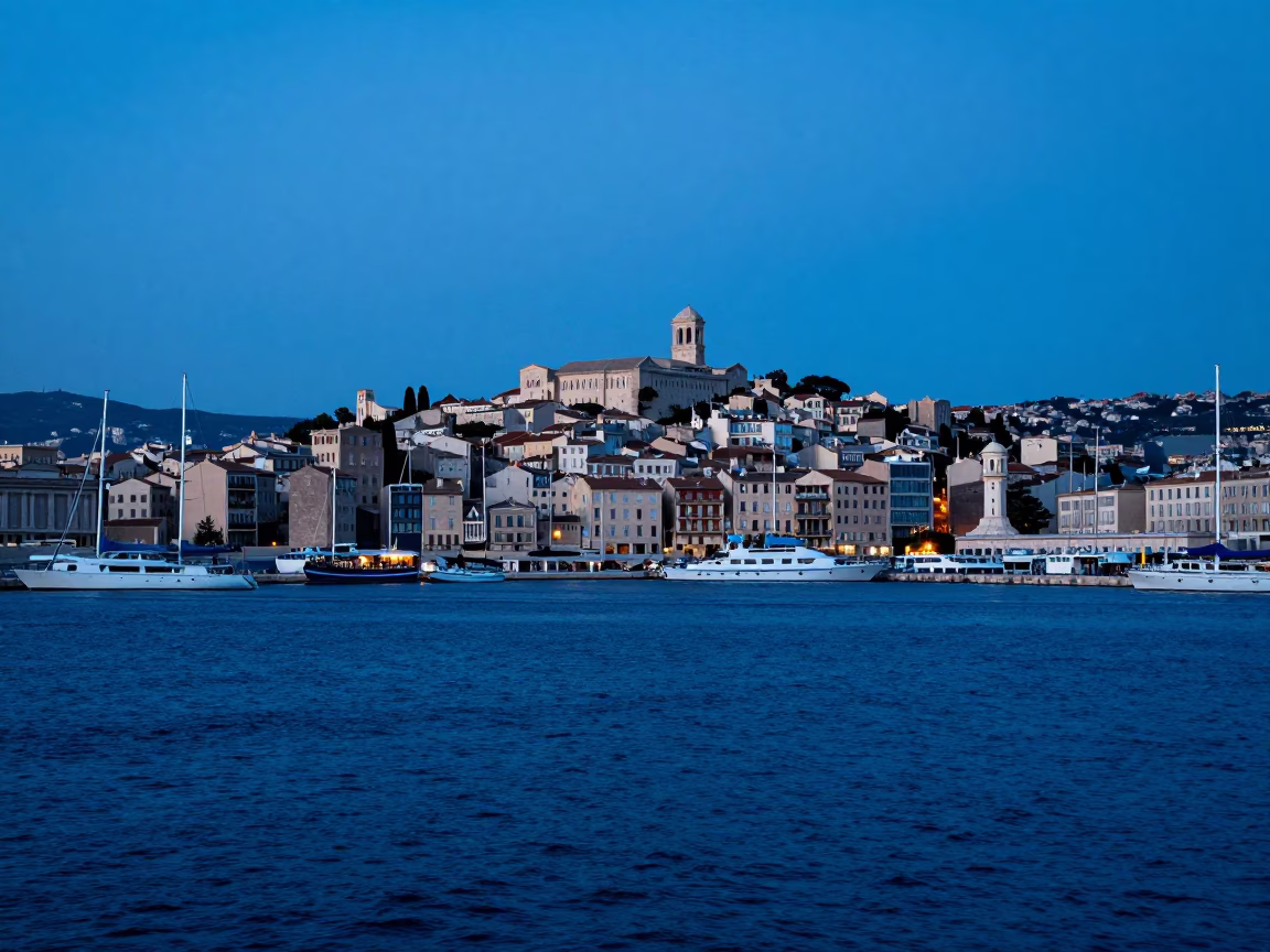 Marseille Evening Blue Hour View of Old Port and Rotating Amber Beacons in in Marseille, France
