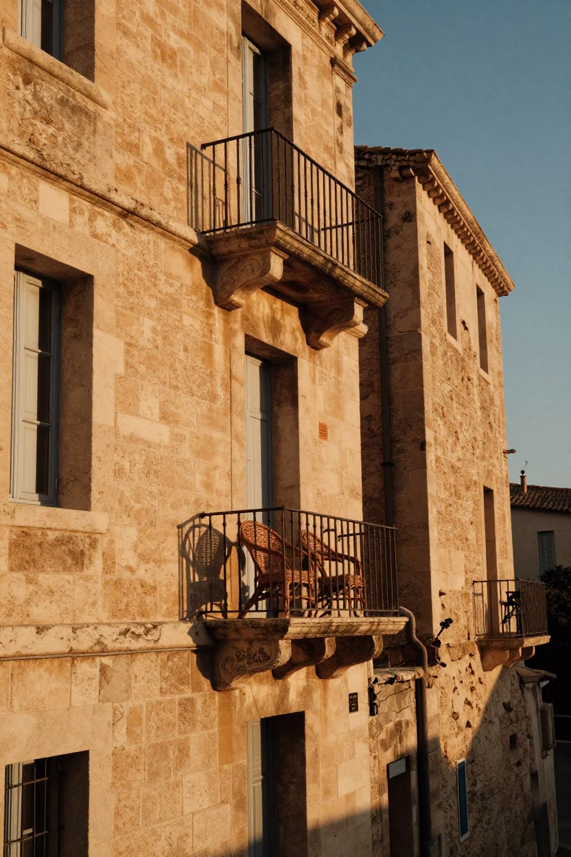 Marseille Evening Light on Old Stone Facades and Wicker Shadows in in Marseille, France