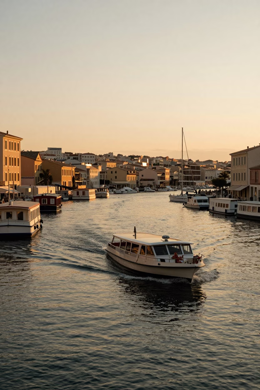 Marseille Evening Light Water Taxi Navigating Canal Houseboats in in Marseille, France