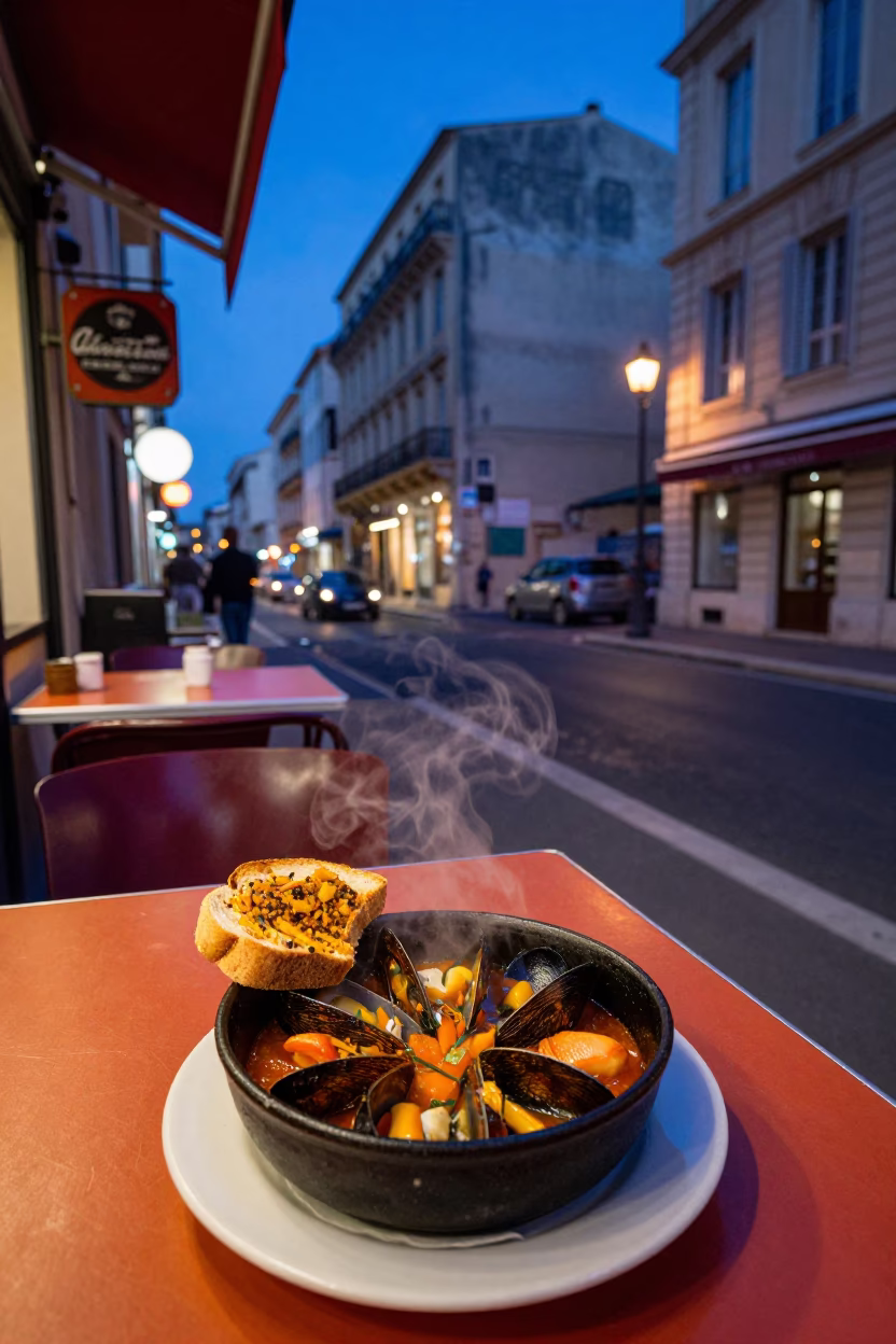 Marseille evening street scene with bowl of bouillabaisse and safety razor in in Marseille, France